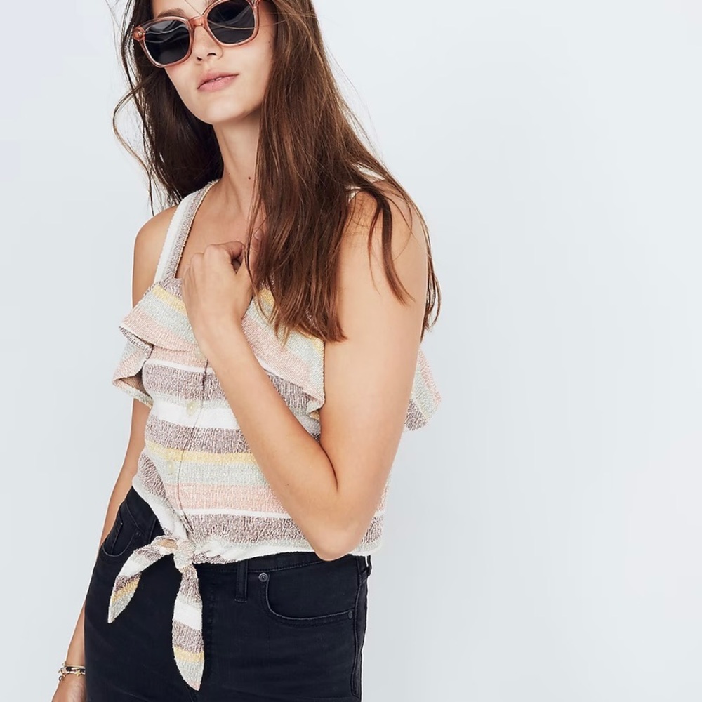 Madewell Texture & Thread Striped Ruffle Tie-Front Tank - Picture 2 of 14